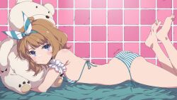 Rule 34 | 1girl, arm scrunchie, ass, bare legs, barefoot, bed sheet, bikini, blue eyes, blush, brown hair, commentary, feet up, flat chest, hairband, highres, hugging doll, hugging object, idolmaster, idolmaster million live!, looking at viewer, looking to the side, lying, on stomach, oomura karasu, petite, side-tie bikini bottom, signature, soles, solo, striped bikini, striped clothes, striped hairband, stuffed animal, stuffed toy, suou momoko, sweatdrop, swimsuit, symbol-only commentary, teddy bear, tile wall, tiles, toes, two-tone bikini