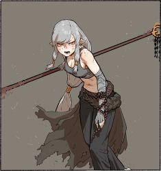Rule 34 | 1girl, bandaged arm, bandages, border, breasts, bright pupils, bruise, cleavage, earrings, exhausted, fighting stance, gogalking, grey hair, grey pants, grey tank top, highres, holding, holding staff, holding weapon, injury, jewelry, leaning forward, long hair, looking at viewer, low-tied long hair, medium breasts, midriff, navel, open mouth, pants, pointy ears, red eyes, solo, staff, standing, sweat, tank top, waist cape, weapon, white border, white pupils