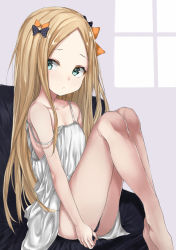 Rule 34 | 1girl, abigail williams (fate), ass, bare shoulders, black bow, black panties, blonde hair, blue eyes, bow, breasts, camisole, closed mouth, collarbone, fate/grand order, fate (series), forehead, hair bow, knees up, legs, long hair, looking at viewer, orange bow, panties, parted bangs, parusu (ehyfhugj), polka dot, polka dot bow, sitting, small breasts, solo, strap slip, thighs, underwear, white camisole