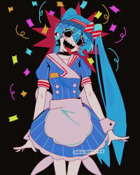 Rule 34 | 1girl, absurdres, apron, black background, black eyes, black mouth, blue dress, blue hair, blue hat, bow, buttons, confetti, cowboy shot, double-breasted, dress, hat, hatsune miku, head tilt, highres, long hair, mesmerizer (vocaloid), nekurothings, open mouth, pinstripe dress, pinstripe hat, pinstripe pattern, sharp teeth, simple background, smile, solo, striped bow, teeth, tongue, tongue out, twintails, very long hair, visor cap, vocaloid, white apron, wrist cuffs