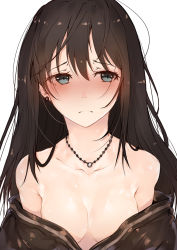Rule 34 | 10s, 1girl, absurdres, bad id, bad pixiv id, bare shoulders, blue eyes, blush, breasts, brown hair, cardigan, cleavage, earrings, full-face blush, highres, hplay, idolmaster, idolmaster cinderella girls, jewelry, long hair, looking at viewer, looking away, medium breasts, necklace, off shoulder, open clothes, school uniform, shibuya rin, sketch, solo, upper body