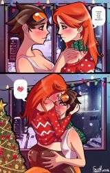 Rule 34 | 2girls, absurdres, ass, blush, brown eyes, brown hair, christmas, christmas tree, comic, couple, emily (overwatch), goggles, groping, happy, heart, highres, hug, looking at another, multiple girls, overwatch, overwatch 1, red hair, scarf, sitting, smile, snow, spiked hair, straddling, sweater, tracer (overwatch), tree, winter, yuri