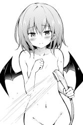 Rule 34 | 1girl, bad id, bad twitter id, bat wings, blush, clenched hand, collarbone, commentary request, cowboy shot, greyscale, groin, hair between eyes, halftone, hand up, highres, holding, hyurasan, looking at viewer, monochrome, navel, no headwear, nude, out-of-frame censoring, remilia scarlet, short hair, shower head, simple background, solo, standing, stomach, touhou, wet, white background, wings