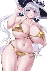 Rule 34 | 1girl, alternate costume, azur lane, bikini, blue eyes, blush, breasts, collarbone, gluteal fold, gold bikini, hair ornament, hands up, hat, highres, illustrious (azur lane), large breasts, long hair, mole, mole under eye, navel, parted lips, sideboob, simple background, skindentation, smile, solo, stomach, swimsuit, thigh gap, thighs, underboob, wee (weeyy), white background, white hair, white hat