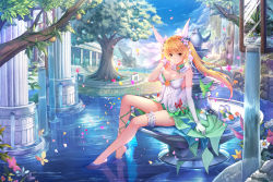 Rule 34 | 1girl, bare legs, barefoot, blonde hair, blue flower, bow, branch, breasts, brown eyes, cleavage, closed mouth, commentary request, day, dress, flower, fountain, hair between eyes, hair flower, hair ornament, highres, leo thasario, looking at viewer, medium breasts, original, outdoors, petals, pillar, pink flower, purple flower, red ribbon, ribbon, sitting, smile, soaking feet, solo, strapless, strapless dress, tree, twitter username, water, waterfall, white bow, white dress, white flower
