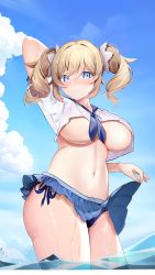 Rule 34 | 1girl, :/, absurdres, alternate breast size, arm behind head, arm up, barbara (genshin impact), bikini, blonde hair, blue eyes, blue neckerchief, blue sailor collar, blue skirt, blue sky, blush, breasts, closed mouth, clothes lift, commentary request, contrapposto, crop top, day, drill hair, from below, genshin impact, highres, large breasts, lifted by self, long hair, looking at viewer, miniskirt, navel, neckerchief, niduannowu, outdoors, partially underwater shot, pleated skirt, revision, sailor collar, school uniform, serafuku, shirt, short sleeves, side-tie bikini bottom, sidelocks, skirt, skirt lift, sky, solo, stomach, swimsuit, thick thighs, thighs, twin drills, underboob, wading, water, white shirt