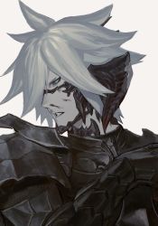 Rule 34 | 1boy, aqua eyes, armor, au ra, blood, blood on face, breastplate, clenched teeth, colored sclera, cuts, dark knight (final fantasy), dragon horns, final fantasy, final fantasy xiv, gauntlets, grey hair, grey sclera, hand up, highres, horns, injury, looking at viewer, male focus, nosebleed, pauldrons, portrait, scales, serious, short hair, shoulder armor, sidurgu orl, simple background, solo, spiked hair, teeth, v-shaped eyebrows, white background, wysswyrst