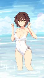 Rule 34 | 1girl, absurdres, blue sky, breasts, brown eyes, brown hair, casual one-piece swimsuit, cloud, cosplay, covered navel, criss-cross halter, day, frilled one-piece swimsuit, frilled swimsuit, frills, furutaka (kancolle), glowing, glowing eye, hair ornament, hairclip, halterneck, heterochromia, highleg, highleg swimsuit, highres, kantai collection, medium breasts, one-piece swimsuit, outdoors, sagiri (kancolle), sagiri (kancolle) (cosplay), short hair, side-tie swimsuit, sky, solo, standing, swimsuit, wading, white one-piece swimsuit, y ko-nu t, yellow eyes