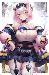 Rule 34 | 1girl, absurdres, animal ears, arknights, bad id, bad pixiv id, binggong asylum, black hairband, black skirt, blue bow, blush, border, bow, braid, breasts, cat ears, closed mouth, coat, collarbone, cowboy shot, floating, floating object, garter straps, goldenglow (arknights), hair bow, hairband, hand on own hip, high-waist skirt, highres, infection monitor (arknights), large breasts, lightning bolt symbol, long hair, long sleeves, looking at viewer, miniskirt, multicolored coat, nipples, no bra, off-shoulder shirt, off shoulder, open clothes, open coat, outside border, pink hair, scissors, see-through, shirt, side braid, skirt, solo, striped clothes, striped thighhighs, thigh gap, thighhighs, two-tone coat, vertical-striped clothes, vertical-striped thighhighs, wet, wet clothes, white border, white shirt, white thighhighs, yellow eyes, zettai ryouiki