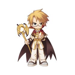 Rule 34 | 1boy, black-framed eyewear, blonde hair, blue eyes, brown wings, capelet, chibi, closed mouth, fingerless gloves, fire, frown, full body, fur-trimmed capelet, fur trim, glasses, gloves, high collar, high wizard (ragnarok online), holding, holding staff, looking at viewer, magic, male focus, medium bangs, official art, pants, parted bangs, pyrokinesis, ragnarok online, red capelet, semi-rimless eyewear, shirt, shoes, short hair, simple background, solo, staff, standing, tachi-e, transparent background, under-rim eyewear, v, white footwear, white gloves, white pants, white shirt, wings, yuichirou
