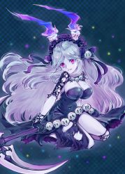 Rule 34 | 1girl, bad id, bad pixiv id, black dress, black gloves, blue fire, breasts, candle, cleavage, dress, dungeon maker, fire, full body, gloves, hairband, large breasts, lolita fashion, lolita hairband, long hair, looking at viewer, pale skin, pink eyes, pugyura, rebecca (dungeon maker), scythe, sidelocks, silver hair, skull, smile, solo, torn clothes, torn dress, wax