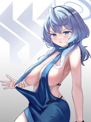 Rule 34 | 1girl, absurdres, ako (blue archive), ako (dress) (blue archive), bare shoulders, blue archive, blue dress, blue eyes, blue hair, blush, bracelet, breasts, chestnut mouth, cleavage, clothes pull, commentary request, dress, dress pull, gradient background, hair between eyes, halo, highres, jewelry, large breasts, light blue hair, medium hair, mixian, official alternate costume, sitting, sleeveless, sleeveless dress, solo