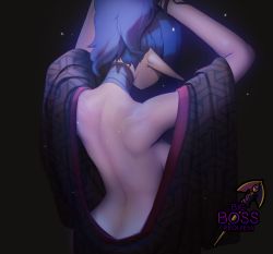 Rule 34 | 1girl, absurdres, adjusting hair, armpits, back, back focus, backless outfit, big.boss.requiem, blue hair, breasts, butt crack, choker, commentary, commission, earrings, english commentary, from behind, highres, indie virtual youtuber, jewelry, layna lazar, long hair, medium breasts, moonlight, no bra, off shoulder, pale skin, pointy ears, ponytail, sideboob, solo, standing, virtual youtuber, watermark