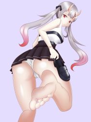 Rule 34 | 1girl, absurdres, ass, barefoot, cameltoe, feet, gradient hair, highres, hololive, horns, loafers, long hair, looking at viewer, multicolored hair, nakiri ayame, panties, pantyshot, red eyes, shoes, silver hair, single shoe, soles, toes, twintails, underwear, unworn shoes, virtual youtuber
