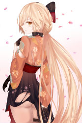 Rule 34 | 1girl, absurdres, arm behind back, ass, black bow, black gloves, blush, boots, bow, bow choker, braid, choker, floral print, from behind, girls&#039; frontline, gloves, gradient background, hair bow, hair ribbon, hakama, hakama skirt, half gloves, hand on own chest, high-waist skirt, high heel boots, high heels, highres, holding, holding clothes, holding skirt, holster, japanese clothes, long hair, looking at viewer, looking back, meiji schoolgirl uniform, no panties, official alternate costume, open mouth, orange eyes, ots-14 (flurry of petals) (girls&#039; frontline), ots-14 (girls&#039; frontline), petals, pink hair, ribbon, ru zhai, shiny skin, simple background, skirt, smile, solo, thigh holster, thigh strap, thighs, torn clothes, torn hakama, torn skirt, very long hair, white background