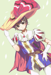 Rule 34 | 1girl, alternate hair color, androgynous, bad id, bad pixiv id, belt, brown eyes, brown hair, cape, dek, dutch angle, elbow gloves, female focus, gloves, hand on own hip, hat, hat ribbon, highres, hip focus, holding, holding clothes, holding hat, pantyhose, princess sapphire, puff and slash sleeves, puffy sleeves, reverse trap, ribbon, ribbon no kishi, solo, white gloves