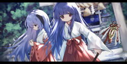Rule 34 | 2girls, bell, blunt bangs, blurry, blurry background, chinese commentary, commentary request, cowboy shot, detached sleeves, expressionless, furude rika, gohei, hakama, hakama skirt, hanyuu, highres, higurashi no naku koro ni, holding, holding gohei, holding wand, horns, japanese clothes, jingle bell, kimono, leaf, letterboxed, long hair, long sleeves, looking at viewer, looking down, miko, multiple girls, outdoors, own hands together, profile, purple eyes, purple hair, red skirt, riinougat, shrine, skirt, standing, wand, white kimono, wide sleeves
