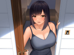 Rule 34 | 1girl, bare shoulders, black hair, blurry, blurry background, blush, breasts, cleavage, crying, crying with eyes open, door, eyebrows hidden by hair, female focus, highres, huge breasts, kisaragi tsurugi, light blush, long hair, looking at viewer, minami no shima de deatta tsundere bijo guide, open door, open mouth, orange eyes, original, solo, standing, tears, upper body