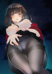 Rule 34 | 1girl, 31 (poping31), black pantyhose, blush, bow, bow panties, breasts, brown eyes, brown hair, clothes lift, commentary, crotch seam, dutch angle, gluteal fold, gusset, large breasts, lifting own clothes, long sleeves, looking at viewer, medium hair, night, night sky, off shoulder, original, panties, panties under pantyhose, pantyhose, red hair, ribbed sweater, skirt, skirt lift, sky, solo, standing, star (sky), starry sky, sweater, thigh gap, thighband pantyhose, underwear, white panties, white sweater