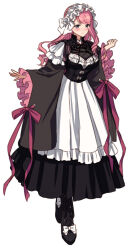 1girl bad_source bewear black_dress black_eyes black_footwear blush bow creatures_(company) dress footwear_bow full_body game_freak gen_7_pokemon highres maid_headdress moe_(hamhamham) nintendo personification pink_hair pink_ribbon pokemon ribbon simple_background solo standing white_background white_bow wide_sleeves