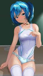 Rule 34 | 1girl, aigami kaon, blue eyes, blue hair, blue sailor collar, chalkboard, commentary request, competition swimsuit, cowboy shot, garter-velvet, highres, long hair, looking at viewer, one-piece swimsuit, original, panties, ponytail, sailor collar, sitting, solo, swimsuit, swimsuit under clothes, swimsuit under panties, thighhighs, two-tone swimsuit, underwear, white panties, white one-piece swimsuit, white thighhighs