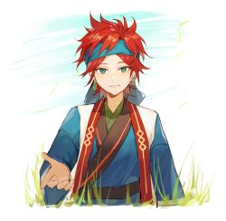 Rule 34 | 1boy, amagi rinne, aqua eyes, arm at side, beckoning, blue eyes, blue robe, day, earrings, ensemble stars!, etiv, falling leaves, grass, hand up, headband, highres, jewelry, leaf, long sleeves, male focus, nature, reaching, reaching towards viewer, red hair, robe, short hair, smile, solo, upper body, vest, wind
