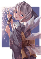 Rule 34 | 1girl, absurdres, back bow, blue background, blue bow, blue eyes, blue hair, blue kimono, blue nails, blush, bow, cirno, commentary request, cowboy shot, detached wings, eyebrows hidden by hair, fireworks, food, from behind, hair between eyes, hair bow, highres, holding, holding food, ice, ice wings, japanese clothes, kimono, long sleeves, looking at viewer, looking back, mahoro (minase mahoro), nail polish, print kimono, short hair, snowflake print, solo, tongue, tongue out, touhou, v, wide sleeves, wings, yellow bow, yukata