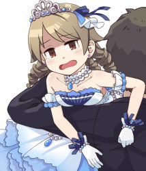 Rule 34 | 10s, 1boy, 1girl, blush, bracelet, brown eyes, carrying over shoulder, collarbone, dress, drill hair, earrings, frown, gem, gloves, idolmaster, idolmaster cinderella girls, idolmaster cinderella girls starlight stage, jewelry, light brown hair, masuneko, morikubo nono, necklace, open clothes, pearl (gemstone), pearl bracelet, pearl necklace, producer (idolmaster), ribbon, short hair, simple background, strapless, strapless dress, tiara, white background, white dress, white gloves