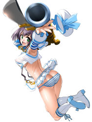 Rule 34 | 1girl, :d, ass, awakening (sennen sensou aigis), blush, boots, breasts, butt crack, clothes lift, covered erect nipples, crop top, crop top overhang, detached sleeves, full body, green eyes, gun, hat, jumping, large breasts, looking at viewer, looking back, marie (sennen sensou aigis), open mouth, outstretched hand, panties, purple hair, sailor collar, sasayuki, sennen sensou aigis, shiny skin, short hair, skindentation, skirt, skirt lift, smile, solo, striped clothes, striped panties, striped sleeves, underwear, unworn hat, unworn headwear, weapon, white background, wind, wind lift