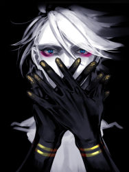 Rule 34 | 1boy, bishounen, blue eyes, colored skin, covering own mouth, dark, eyeliner, fate/apocrypha, fate (series), gold, karna (fate), makeup, male focus, realistic, solo, white hair, white skin, zuwai kani