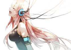 Rule 34 | 1girl, armband, bare shoulders, blush, breasts, cable, closed eyes, crying, female focus, headphones, large breasts, long hair, megurine luka, music, open mouth, pink hair, profile, simple background, singing, sleeveless, solo, tears, upper body, vocaloid, white background, wire, yunco, yuzuki kihiro