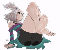 Rule 34 | ass, barefoot, black panties, blue eyes, breasts, cameltoe, commission, creatures (company), dress, feet, foot focus, forehead, foreshortening, game freak, highres, image sample, looking at viewer, nail polish, nintendo, panties, perspective, pokemon, pokemon bw2, roxie (pokemon), shorts, sitting, small breasts, soles, solo, spicy bardo, strapless, strapless dress, striped clothes, striped dress, thighs, toenail polish, toenails, toes, topknot, twitter sample, underwear, white hair