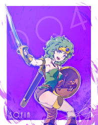 Rule 34 | 1girl, asymmetrical clothes, bare shoulders, blue eyes, boots, breasts, circlet, curly hair, dragon quest, dragon quest iv, gloves, green hair, heroine (dq4), leotard, looking at viewer, looking back, medium breasts, open mouth, shield, smile, solo, standing, sword, tamago tomato, weapon