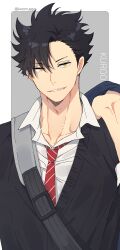 Rule 34 | 1boy, absurdres, black hair, black sweater vest, border, collared shirt, grin, haikyuu!!, hair over one eye, highres, holding, holding clothes, kuroo tetsurou, kwonrugger, looking at viewer, male focus, necktie, red necktie, round border, shirt, short hair, smile, solo, sweater vest, teeth, twitter username, upper body, white border, white shirt, yellow eyes