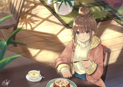 Rule 34 | 1girl, :t, blue skirt, blurry, blurry foreground, blush, brown hair, chair, closed mouth, coat, commentary, cup, depth of field, eating, food, grey eyes, hair between eyes, hair bun, holding, holding spoon, indoors, long sleeves, miko fly, on chair, open clothes, open coat, original, pink coat, plant, plate, potted plant, saucer, signature, single hair bun, sitting, skirt, solo, spoon, sweater, table, turtleneck, turtleneck sweater, white sweater, wooden floor, wooden spoon