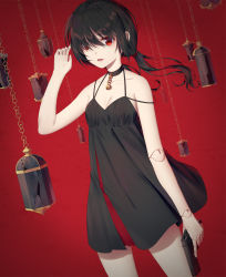 Rule 34 | 1girl, :d, arm at side, arm up, bell, black choker, black dress, black hair, chain, choker, collarbone, commentary request, doll joints, dress, dutch angle, fingernails, gun, hair over one eye, handgun, highres, holding, holding gun, holding weapon, ji dao ji, jingle bell, joints, long hair, looking at viewer, low ponytail, open mouth, original, pleated dress, ponytail, red eyes, short dress, sleeveless, sleeveless dress, smile, solo, weapon, weapon request