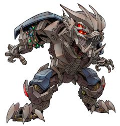 Rule 34 | 1boy, beni (nikaidera), claws, decepticon, dreadbot, full body, glowing, glowing eyes, highres, looking at another, male focus, no humans, open mouth, red eyes, sharp teeth, simple background, solo, teeth, transformers, transformers: the last knight, transformers (live action), white background