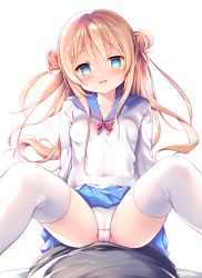 Rule 34 | 1girl, :d, absurdres, amanagi seiji, black pants, black shirt, blonde hair, blue eyes, blue sailor collar, blue skirt, blush, bow, bowtie, breasts, cameltoe, collarbone, commentary request, double bun, girl on top, hair between eyes, hair bun, head tilt, heart, heart-shaped pupils, highres, long hair, open mouth, original, panties, pants, pleated skirt, red neckwear, sailor collar, school uniform, serafuku, shirt, simple background, sitting, sitting on person, skirt, small breasts, smile, solo focus, spread legs, symbol-shaped pupils, thighhighs, two side up, underwear, very long hair, white background, white panties, white shirt, white thighhighs