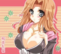 Rule 34 | 00s, :3, bleach, blue eyes, blush, breasts, brown hair, chaa, cleavage, japanese clothes, jewelry, large breasts, long hair, matsumoto rangiku, necklace, orange hair, solo