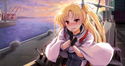 Rule 34 | 1girl, azur lane, black gloves, blonde hair, blush, capelet, cleveland (azur lane), cloud, cloudy sky, commentary request, dock, embarrassed, eyes visible through hair, fingerless gloves, gloves, horizon, long hair, looking at viewer, machinery, one side up, red eyes, sidelocks, sky, solo, sunrise, takeyaman, turret, twilight