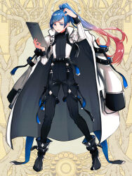 Rule 34 | 1boy, alba alfurira, androgynous, ankle boots, belt, black belt, black footwear, black pants, black shirt, blue eyes, blue hair, boots, closed mouth, coat, coat on shoulders, confused, dairoku ryouhei, dangle earrings, diagonal bangs, earrings, fishnet top, fishnets, frown, full body, gradient hair, grey coat, high-waist pants, holding, holding tablet pc, jacket, jewelry, long hair, long sleeves, looking at object, male focus, morino bambi, multicolored hair, pants, pigeon-toed, red eyes, red hair, red nails, scratching head, shirt, shirt tucked in, single earring, sleeve cuffs, solo, star (symbol), star earrings, sweatdrop, tablet pc, tassel, thigh strap, two-sided coat, two-sided fabric, white coat, white jacket, yellow background