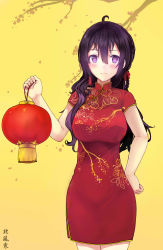 Rule 34 | 1girl, ahoge, bad id, bad pixiv id, beifeng han, black hair, blush, breasts, china dress, chinese clothes, closed mouth, commentary request, cowboy shot, dress, glowing, glowing eyes, hair between eyes, hand on own hip, highres, lampion, large breasts, long hair, looking at viewer, miyaura sanshio, new year, original, pink eyes, red dress, revision, short sleeves, sidelocks, smile, solo