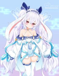 Rule 34 | 1girl, animal ears, azur lane, bare shoulders, blush, breasts, carrot pin, collarbone, hair ribbon, highres, jacket, laffey (azur lane), laffey ii (azur lane), long hair, long sleeves, looking at viewer, off-shoulder jacket, off shoulder, rabbit ears, red eyes, ribbon, sleeves past wrists, small breasts, solo, thighhighs, thighs, twintails, very long hair, white jacket, white thighhighs, winsankemonodou