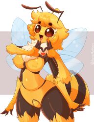 Rule 34 | 1girl, absurdres, antennae, arthropod girl, artist name, bee girl, blonde hair, brown eyes, extra arms, heart, heart hands, highres, insect girl, insect wings, jasminthemanticore, looking at viewer, open mouth, original, outside border, short hair, simple background, solo, wings