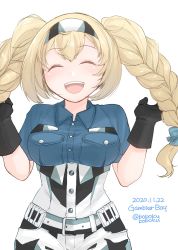 Rule 34 | 1girl, alternate hair length, alternate hairstyle, black gloves, blonde hair, blue shirt, bobokuboboku, braid, breast pocket, breasts, character name, collared shirt, commentary request, dated, facing viewer, gambier bay (kancolle), gloves, hairband, highres, kantai collection, large breasts, looking at viewer, multicolored clothes, multicolored shorts, one-hour drawing challenge, open mouth, pocket, shirt, shorts, simple background, smile, solo, teeth, twin braids, twintails, twitter username, upper teeth only, white background