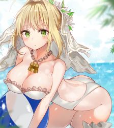 Rule 34 | 10s, 1girl, ahoge, arched back, ass, bad id, bad pixiv id, ball, beachball, blonde hair, blue sky, blurry, breasts, bridal veil, chain, cleavage, closed mouth, cloud, collarbone, commentary request, day, depth of field, fate/extra, fate/extra ccc, fate (series), green eyes, hair intakes, lace, lace-trimmed swimsuit, lace trim, large breasts, leaning forward, lock, looking at viewer, melang b, nero claudius (bride) (fate), nero claudius (fate), nero claudius (fate) (all), one-piece swimsuit, outdoors, padlock, sky, solo, sparkle, swimsuit, thighhighs, transparent, veil, water, white one-piece swimsuit, white thighhighs