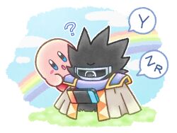 Rule 34 | ?, blue sky, blush stickers, cape, colored skin, commentary request, dark matter (kirby), dark matter blade, grass, handheld game console, highres, kirby, kirby&#039;s dream land 2, kirby (series), nintendo, nintendo switch, no humans, oceannuts, one-eyed, pink skin, rainbow, sky, solid oval eyes
