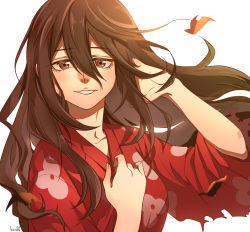 Rule 34 | 1girl, absurdres, artist name, brown eyes, dororo (tezuka), floral print, frayed clothes, hair between eyes, hand up, highres, japanese clothes, kimono, kurokiseow, long hair, mio (dororo), parted lips, ponytail, red kimono, simple background, smile, solo, upper body, very long hair, white background
