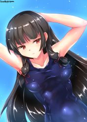 Rule 34 | 1girl, arms up, black hair, blue one-piece swimsuit, blue sky, breasts, cloud, commentary request, hair ribbon, highres, isokaze (kancolle), kantai collection, kumichou (nakasato-gumi), long hair, looking at viewer, medium breasts, one-hour drawing challenge, one-piece swimsuit, red eyes, ribbon, school swimsuit, sky, solo, swimsuit, tress ribbon, upper body