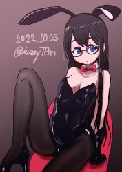 Rule 34 | 1girl, animal ears, black background, black gloves, black hair, black leotard, black pantyhose, blue eyes, bow, bowtie, breasts, chair, commentary request, couch, detached collar, fake animal ears, glasses, gloves, gradient background, highres, kantai collection, kozzy.ta, leotard, long hair, looking at viewer, one-hour drawing challenge, ooyodo (kancolle), pantyhose, playboy bunny, rabbit ears, red bow, red bowtie, sitting, small breasts, solo, strapless, strapless leotard